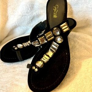 BLACK SUEDE WEDGE SANDAL WITH LARGE RHINESTONES (pink paper to show shoe)